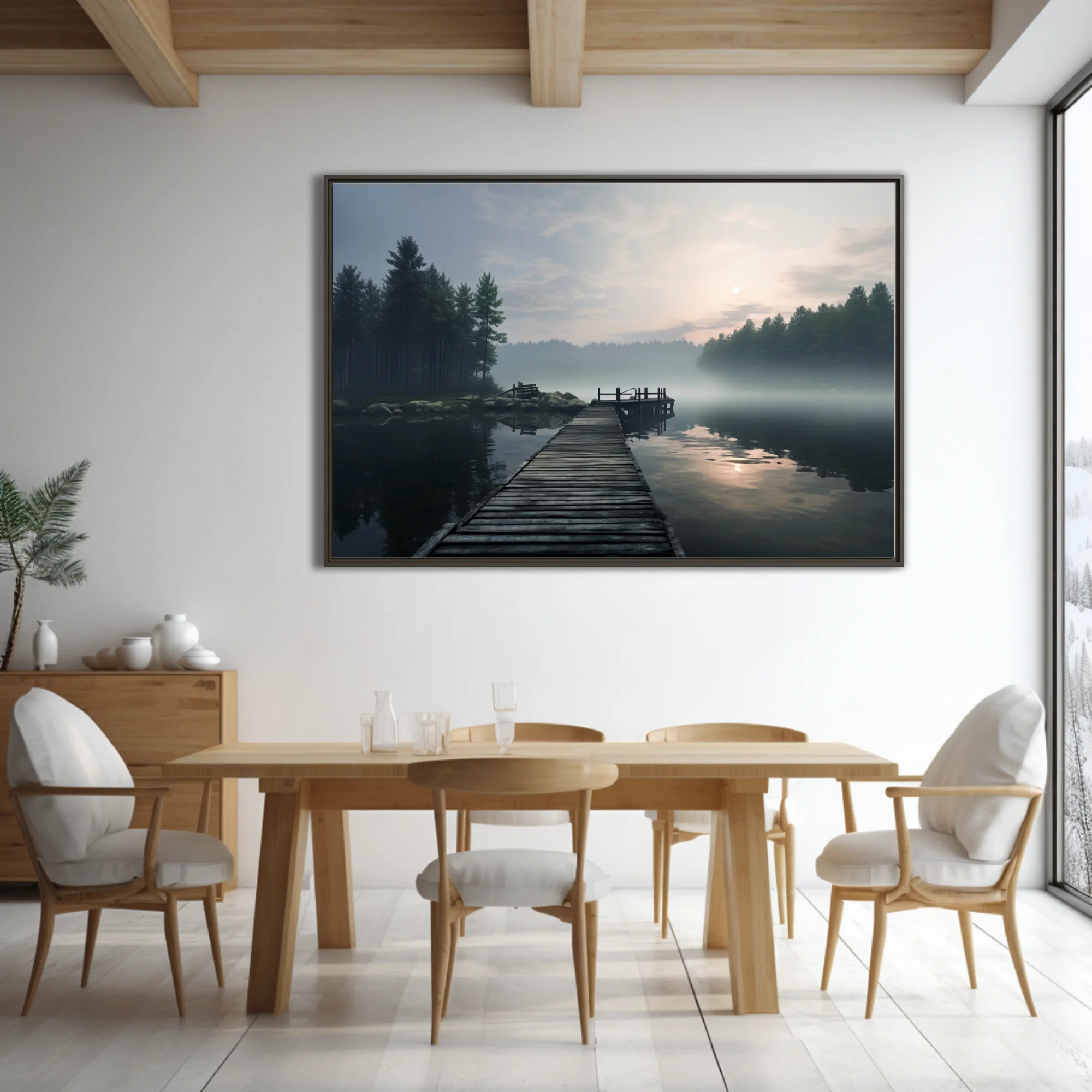Misty lake at dawn, wooden dock, foggy pine forest, cool grey tones,