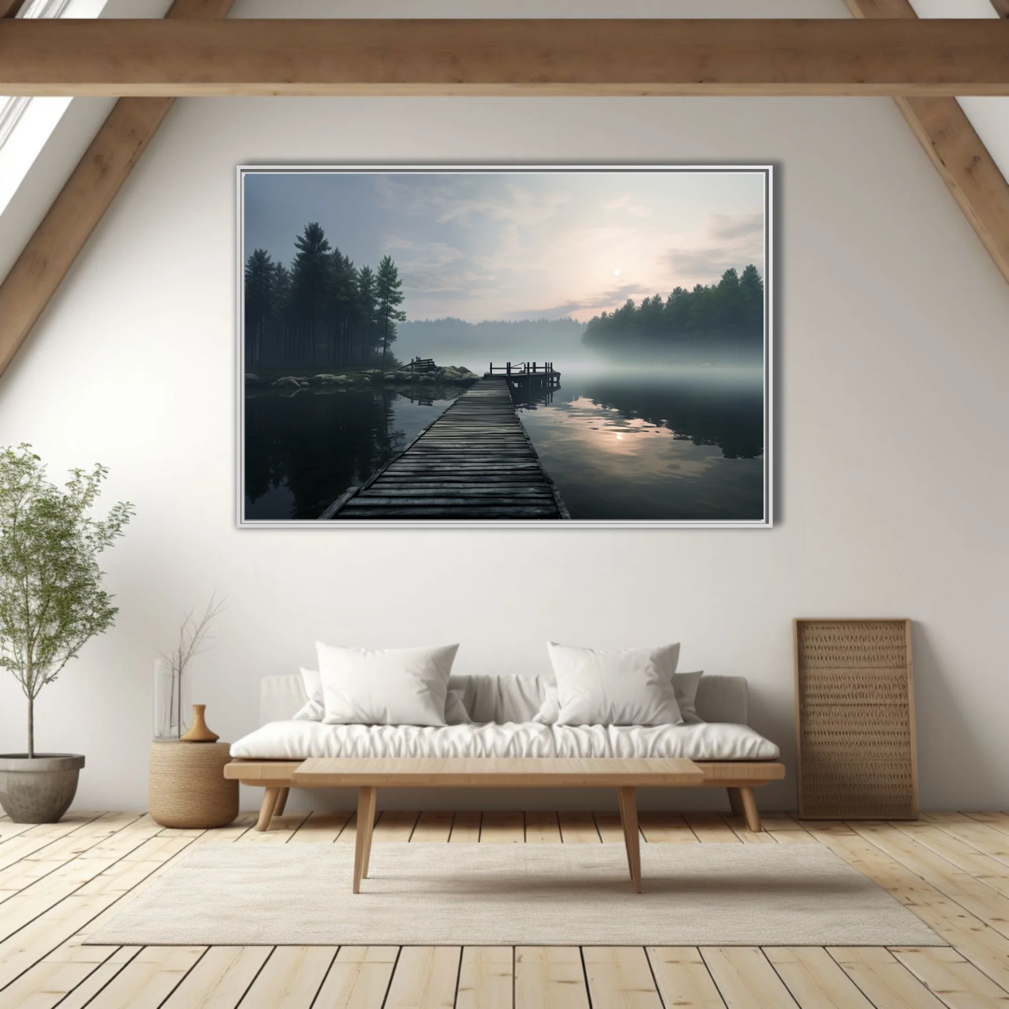 Misty lake at dawn, wooden dock, foggy pine forest, cool grey tones,