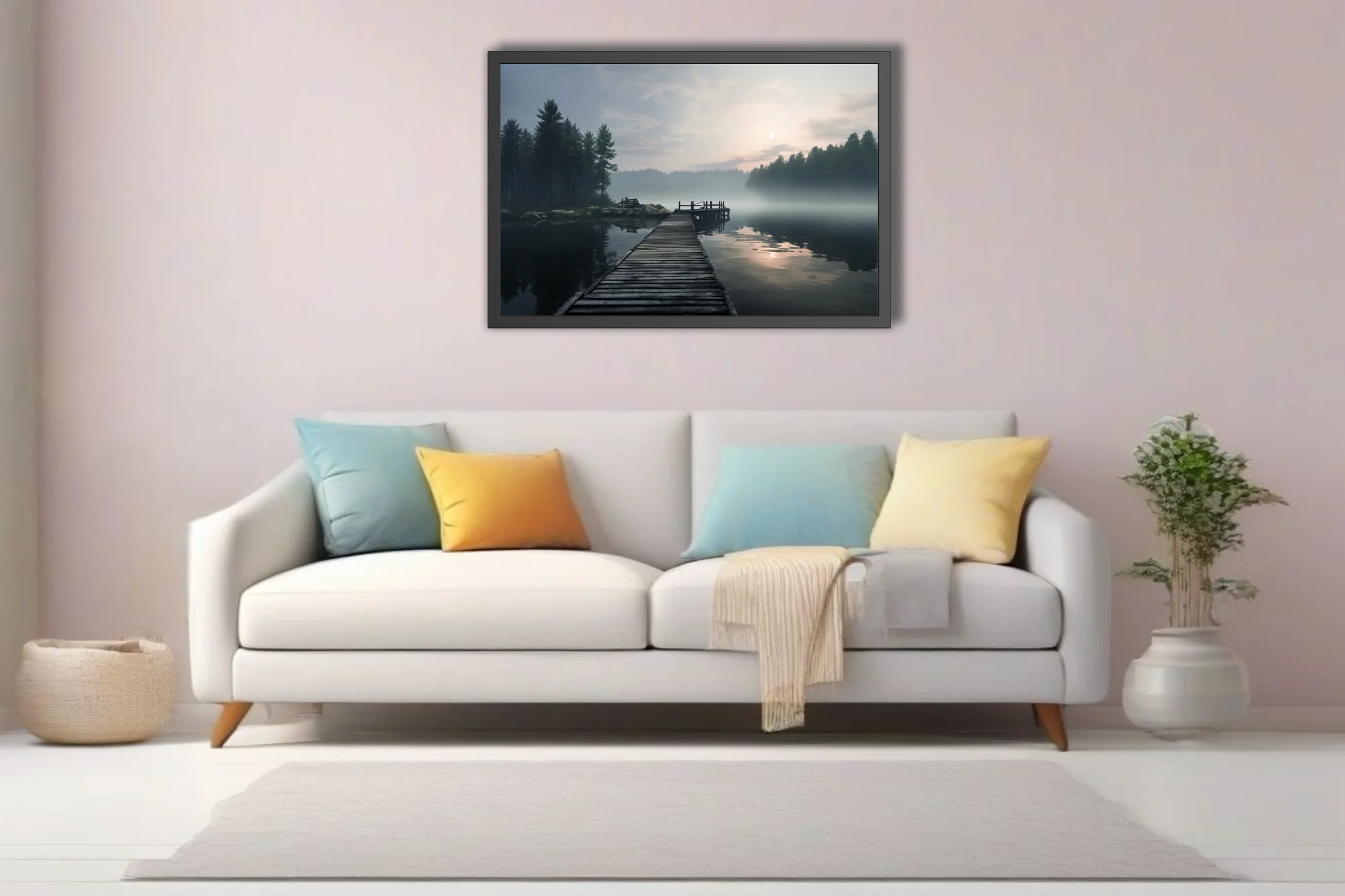 Misty lake at dawn, wooden dock, foggy pine forest, cool grey tones,
