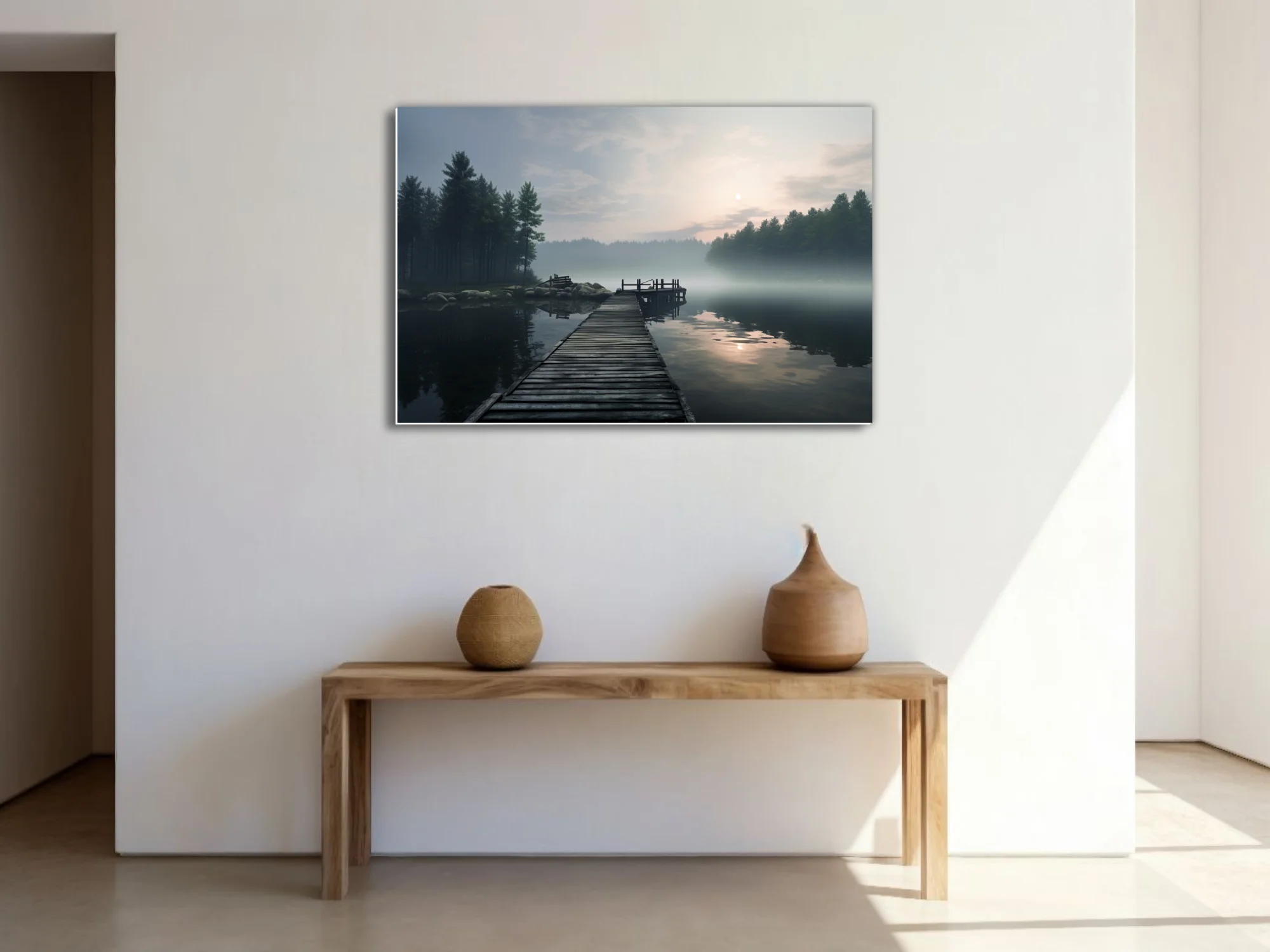Misty lake at dawn, wooden dock, foggy pine forest, cool grey tones,