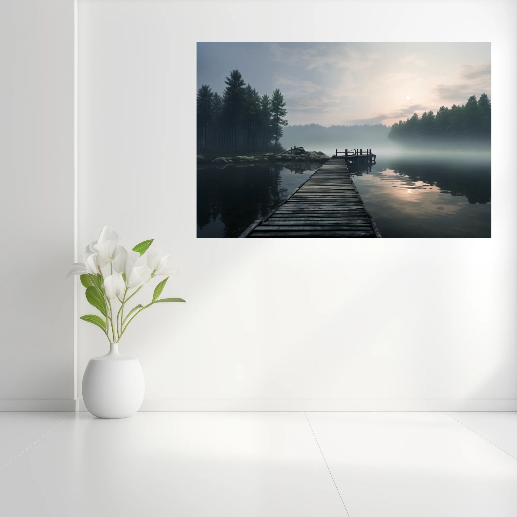 Misty lake at dawn, wooden dock, foggy pine forest, cool grey tones,