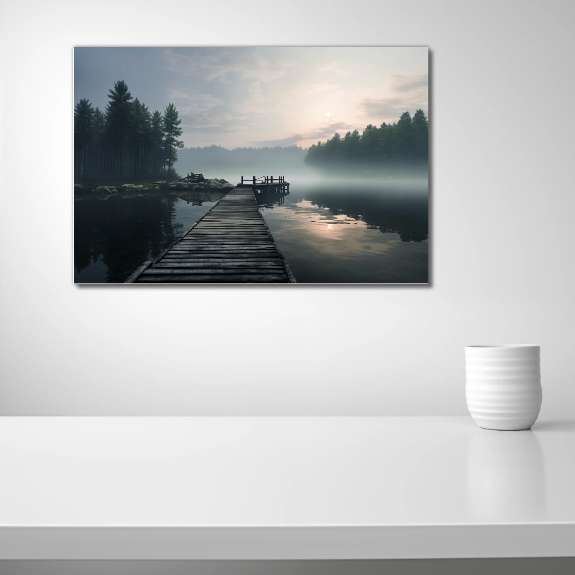 Misty lake at dawn, wooden dock, foggy pine forest, cool grey tones,