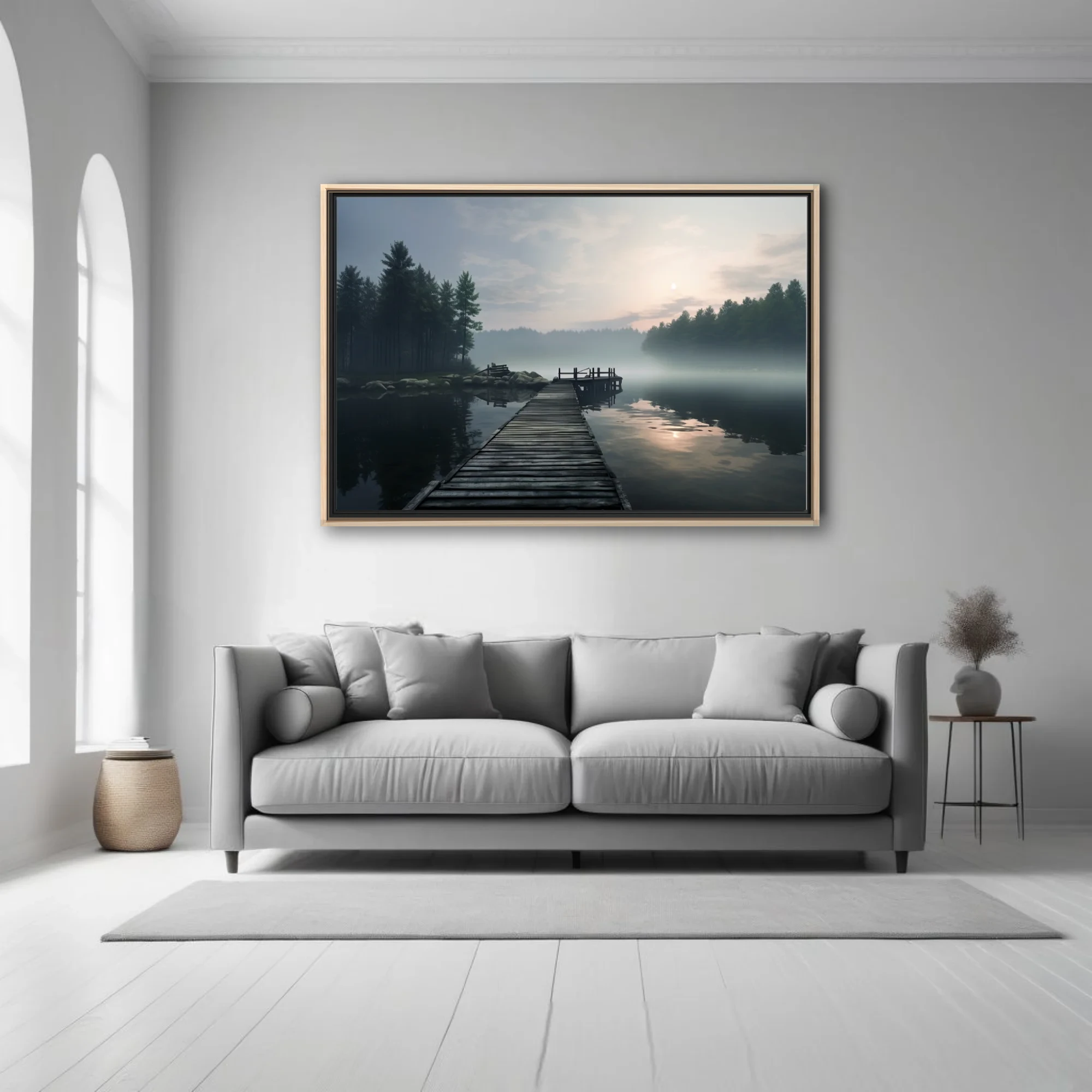Misty lake at dawn, wooden dock, foggy pine forest, cool grey tones,