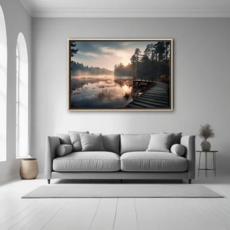 Misty autumn lake sunrise with wooden dock and silhouetted pine trees