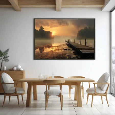 Misty golden sunrise over a calm lake with a weathered wooden dock and fog-veiled trees