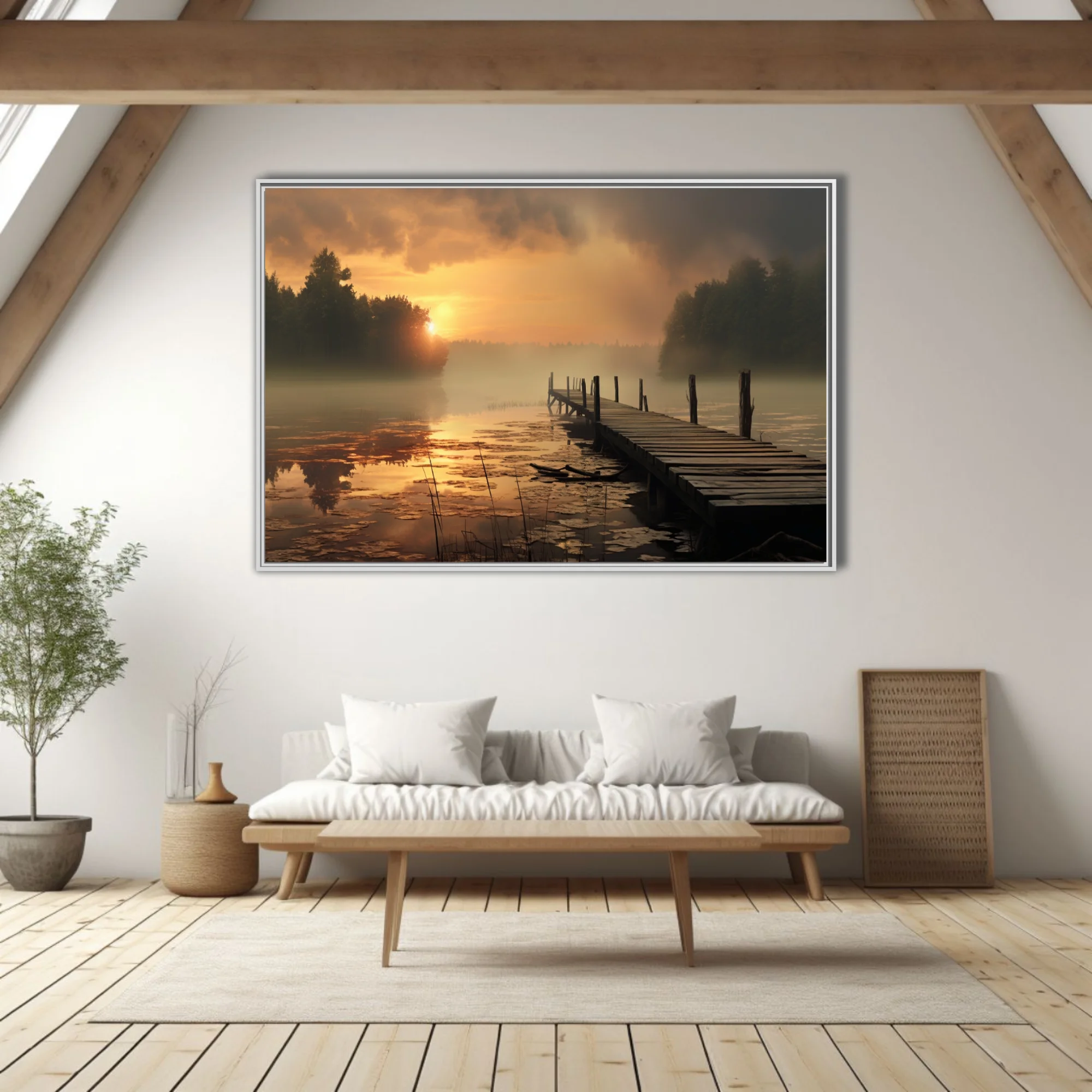 Misty golden sunrise over a calm lake with a weathered wooden dock and fog-veiled trees