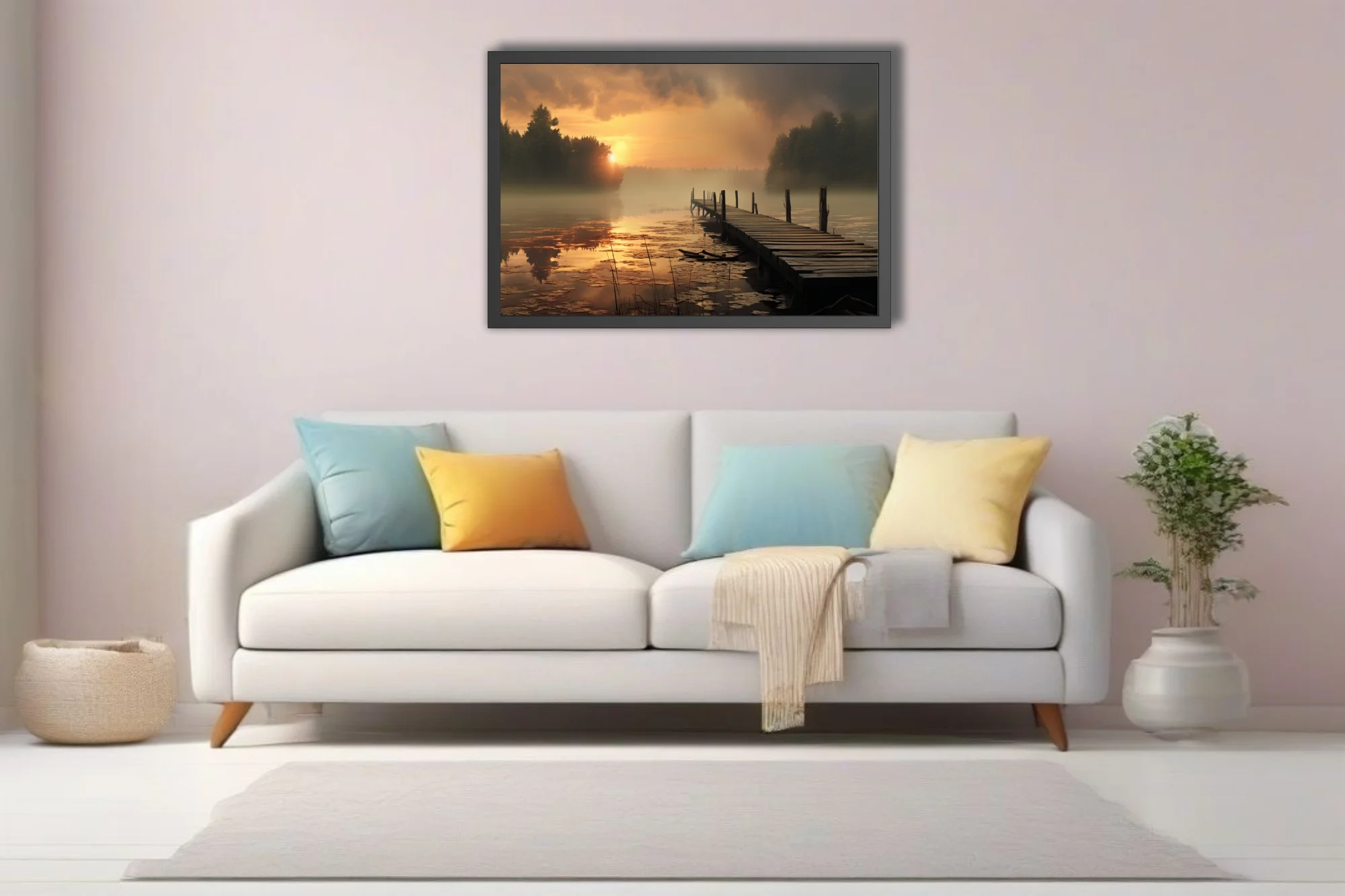 Misty golden sunrise over a calm lake with a weathered wooden dock and fog-veiled trees