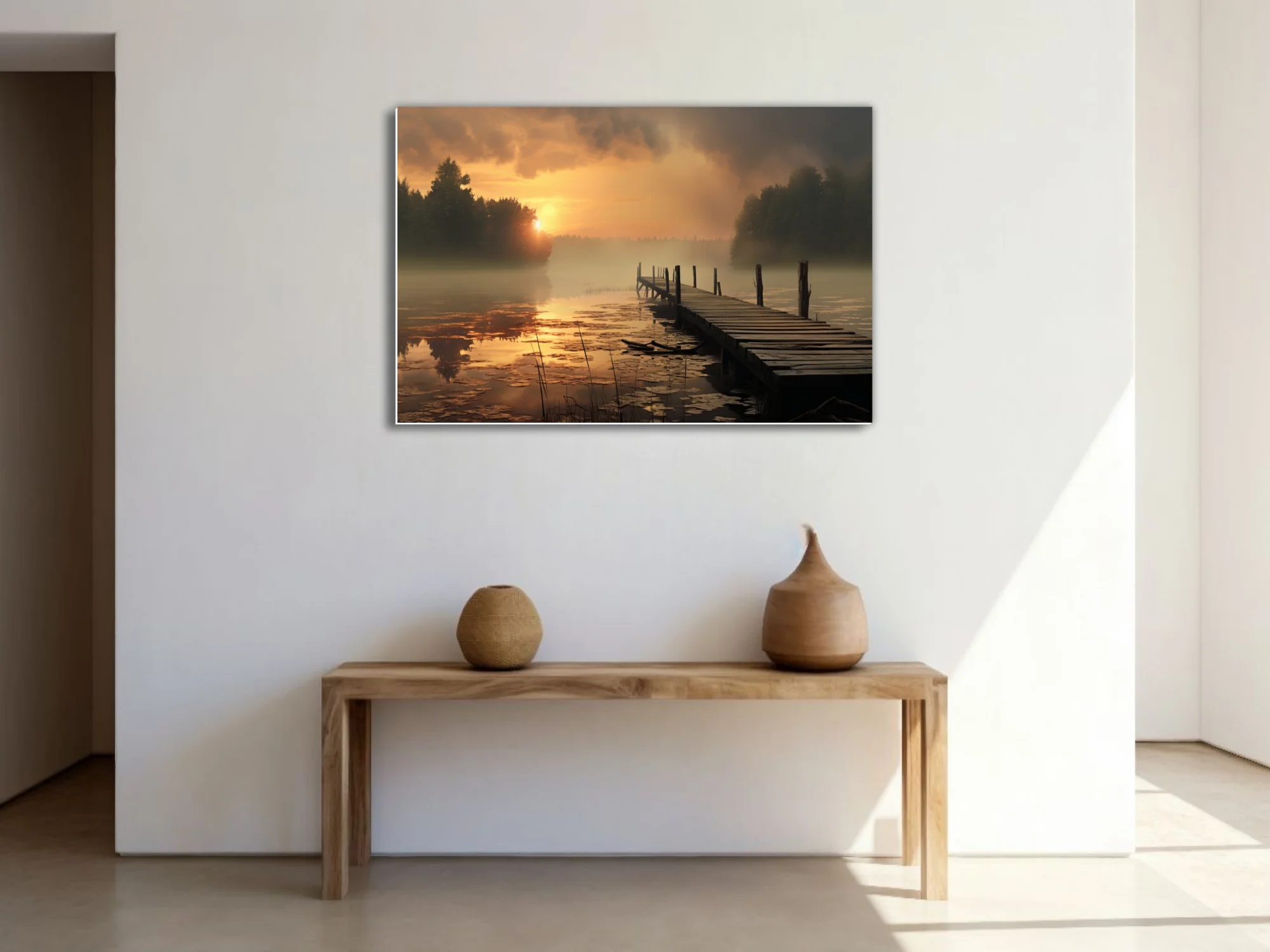 Misty golden sunrise over a calm lake with a weathered wooden dock and fog-veiled trees