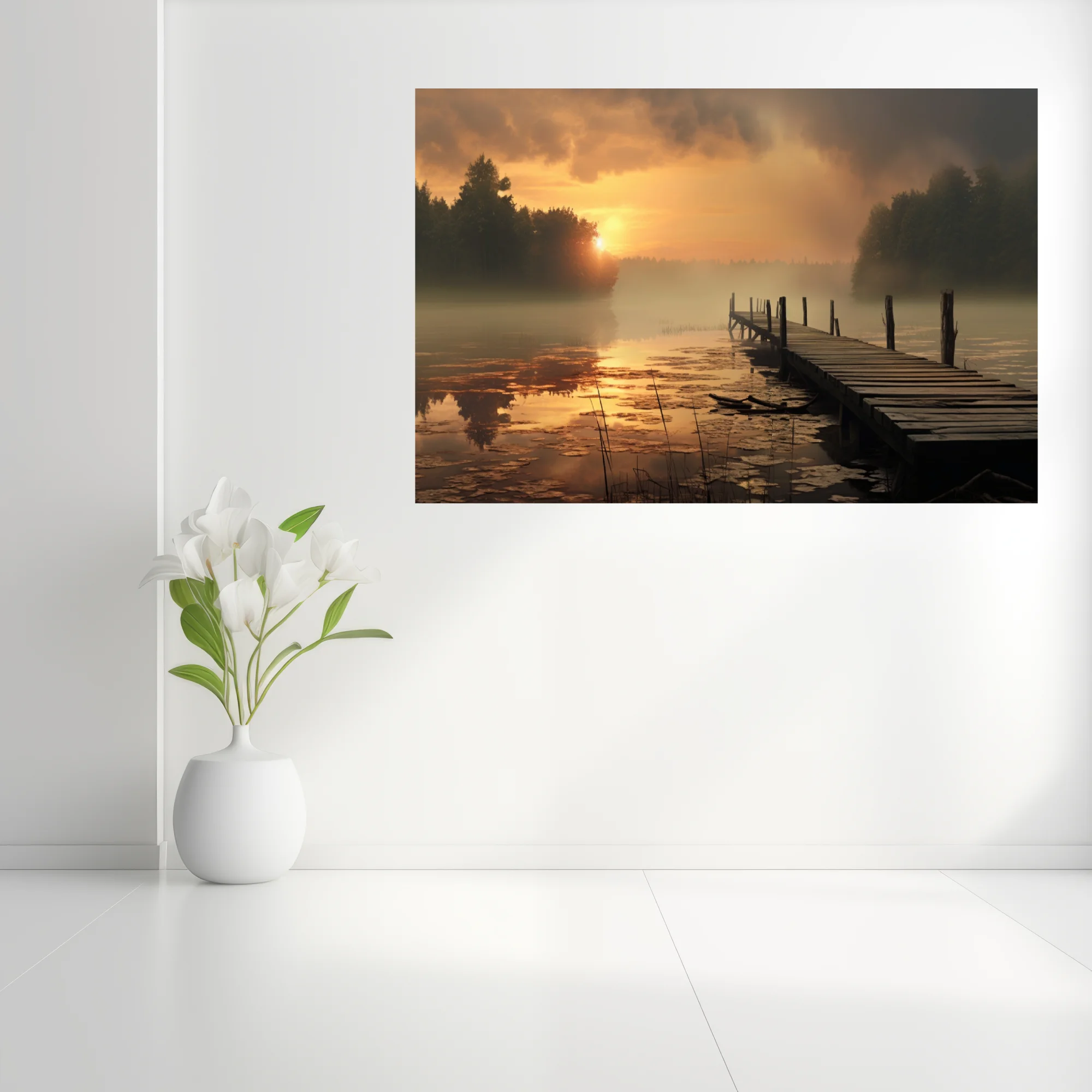 Misty golden sunrise over a calm lake with a weathered wooden dock and fog-veiled trees
