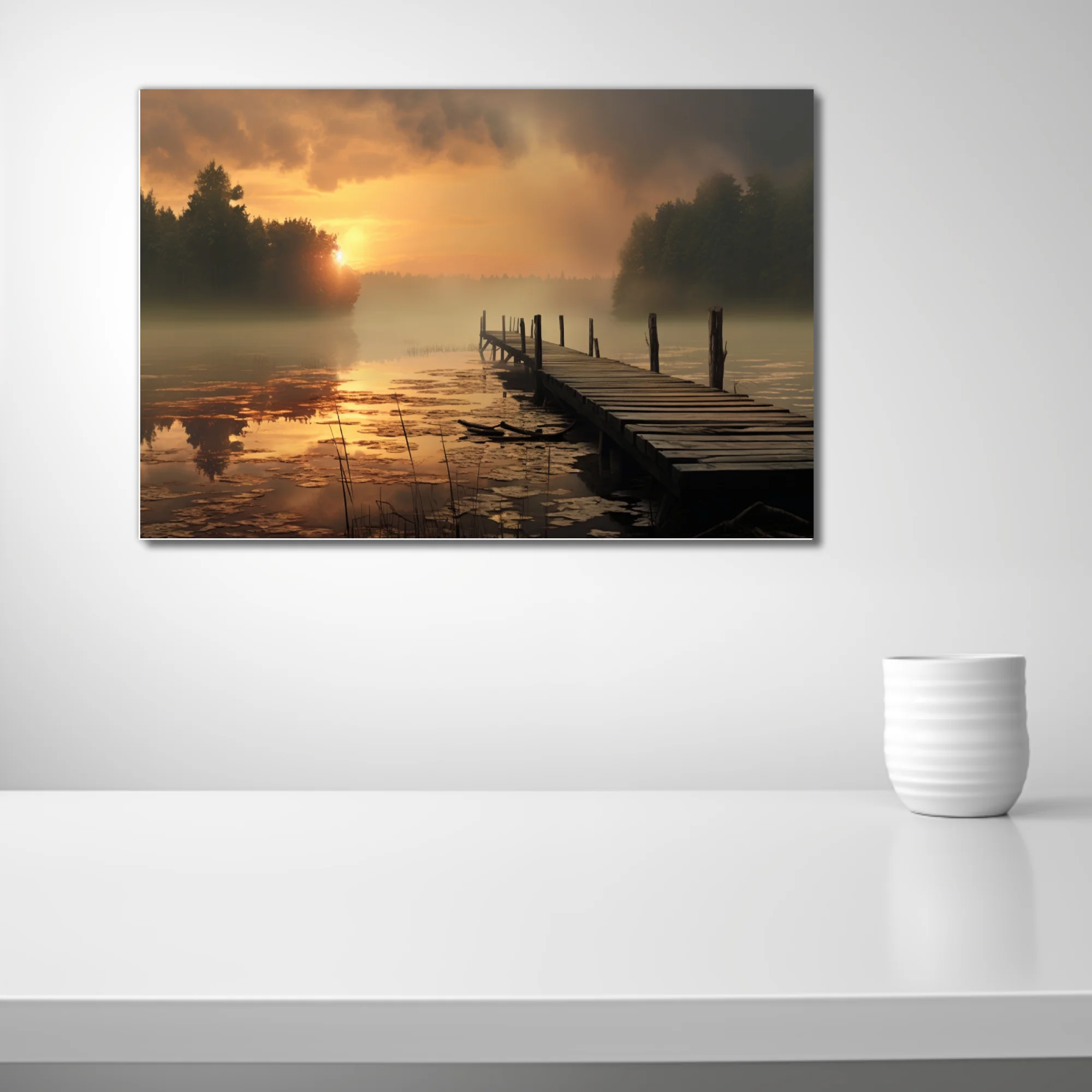 Misty golden sunrise over a calm lake with a weathered wooden dock and fog-veiled trees