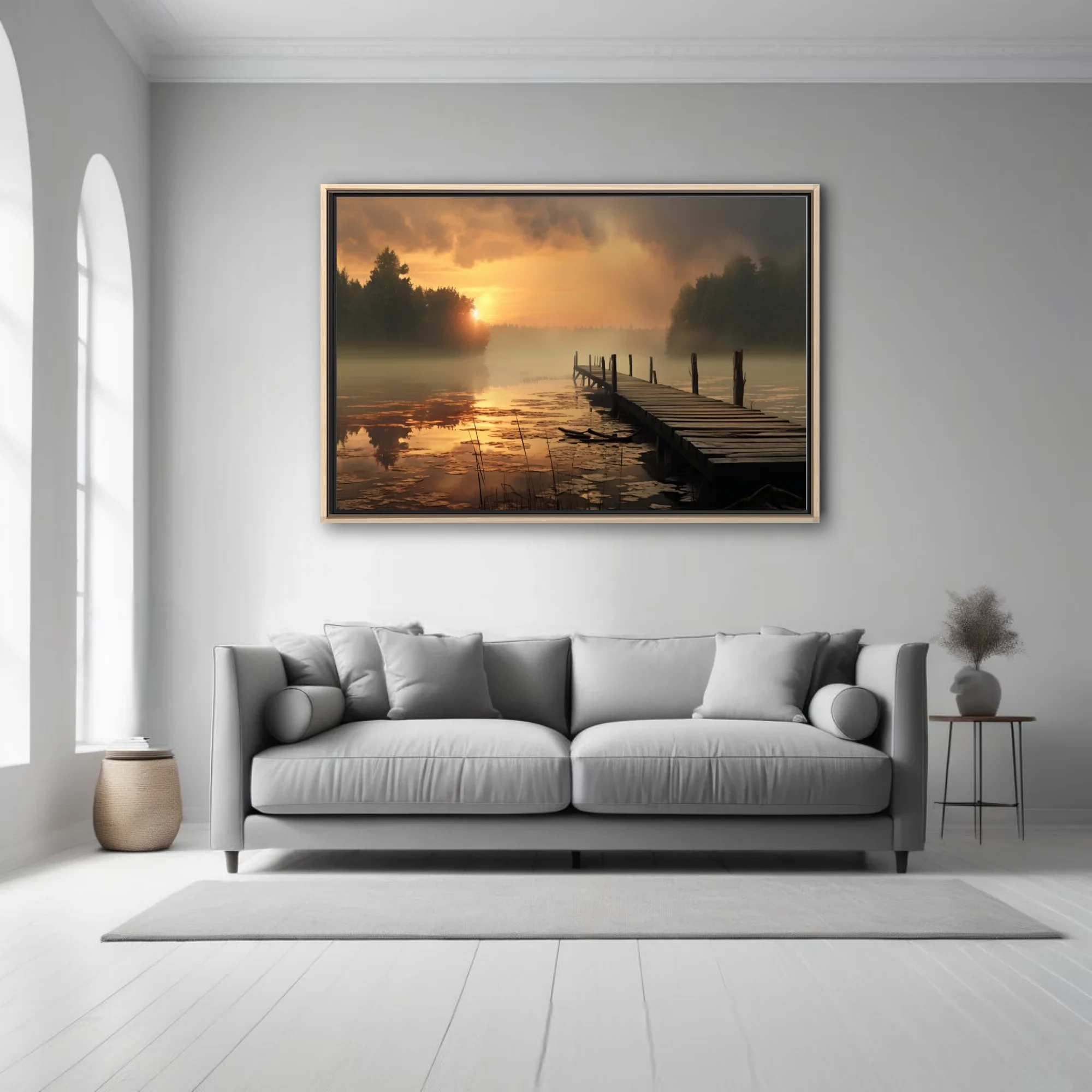 Misty golden sunrise over a calm lake with a weathered wooden dock and fog-veiled trees