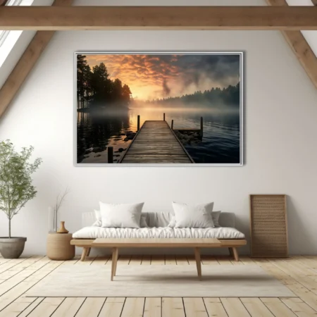 Misty sunrise lake scene with wooden dock, amber glow, and fog-draped pine forest
