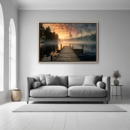 Misty sunrise lake scene with wooden dock, amber glow, and fog-draped pine forest