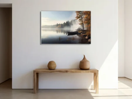 Misty autumn lake with canoe and dock, warm amber foliage, landscape
