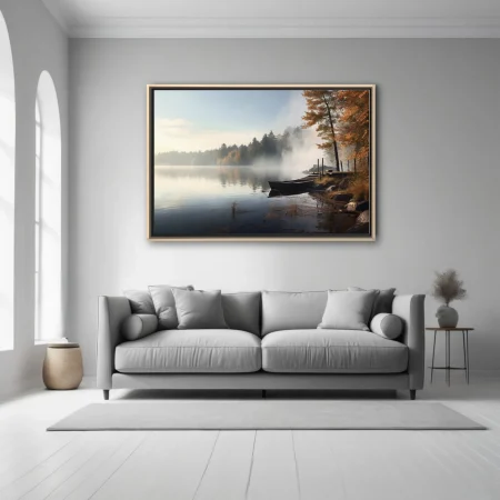 Misty autumn lake with canoe and dock, warm amber foliage, landscape