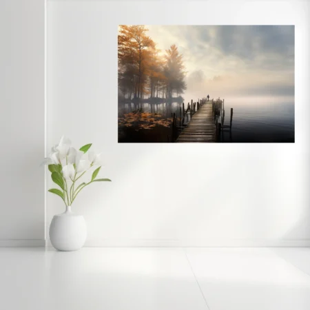 Misty autumn lake with weathered wooden dock, golden trees, and lone figure at dawn