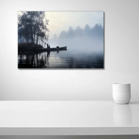 Misty dawn lake scene with silhouetted figure and boat, cool blue-grey tones