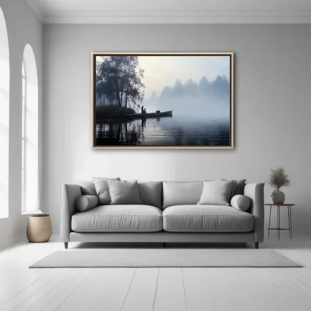 Misty dawn lake scene with silhouetted figure and boat, cool blue-grey tones