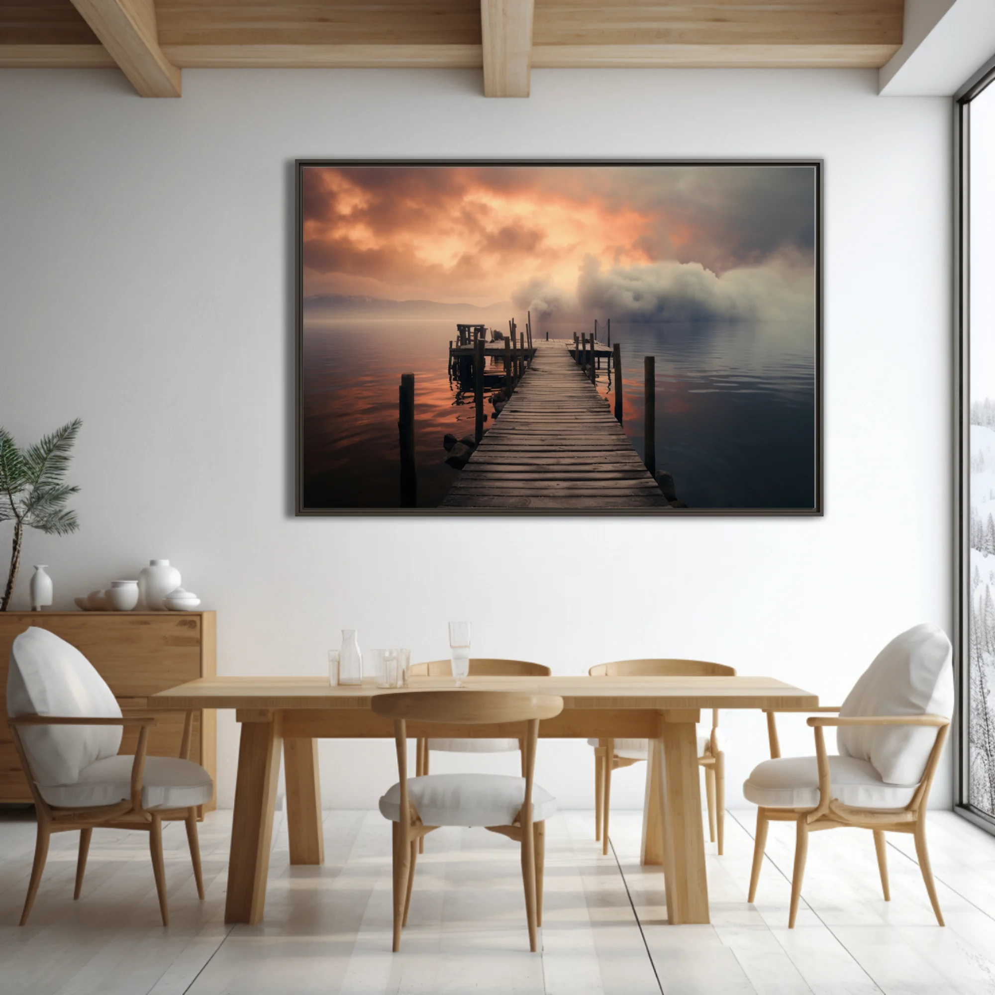 Misty lake pier at dramatic amber and grey sunset