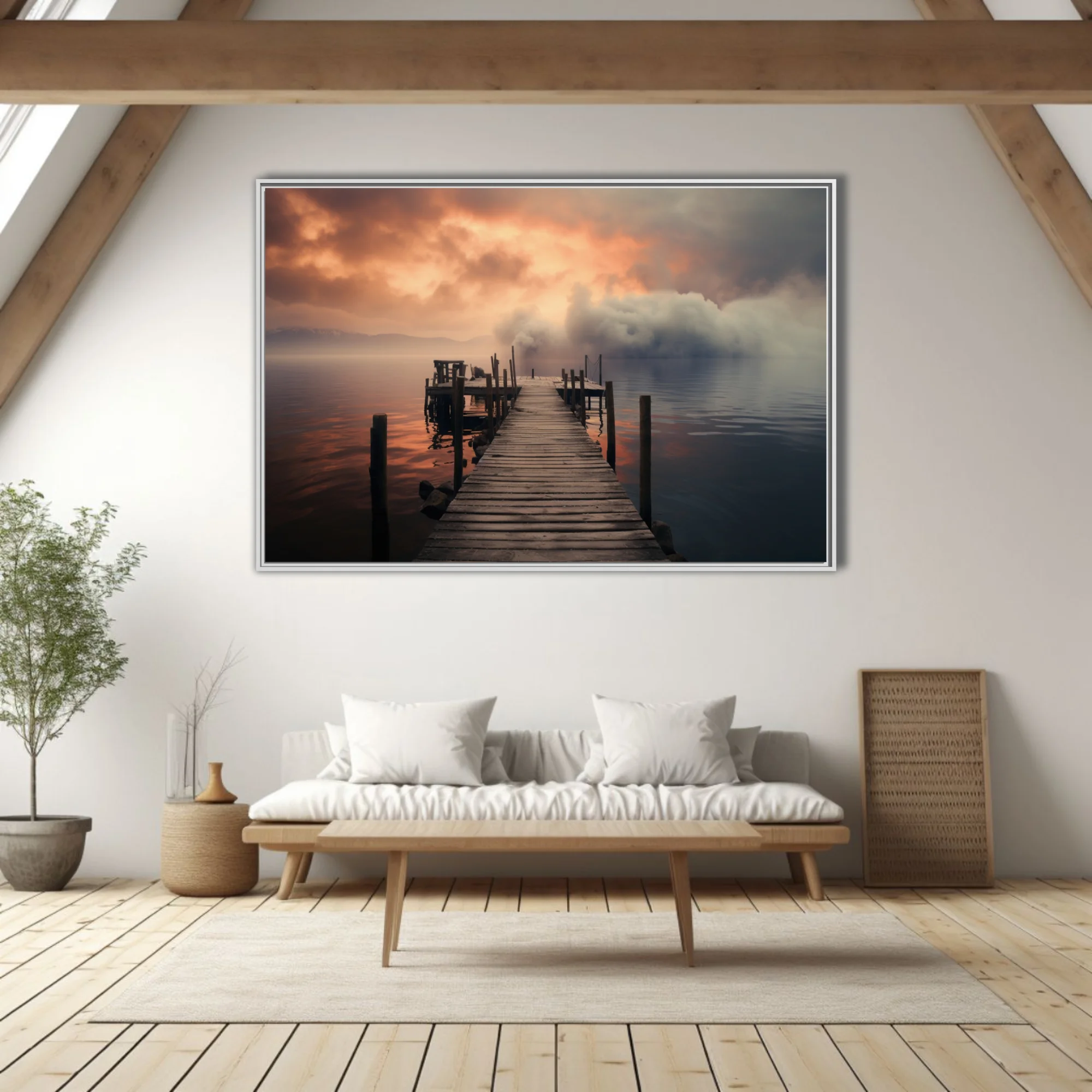 Misty lake pier at dramatic amber and grey sunset