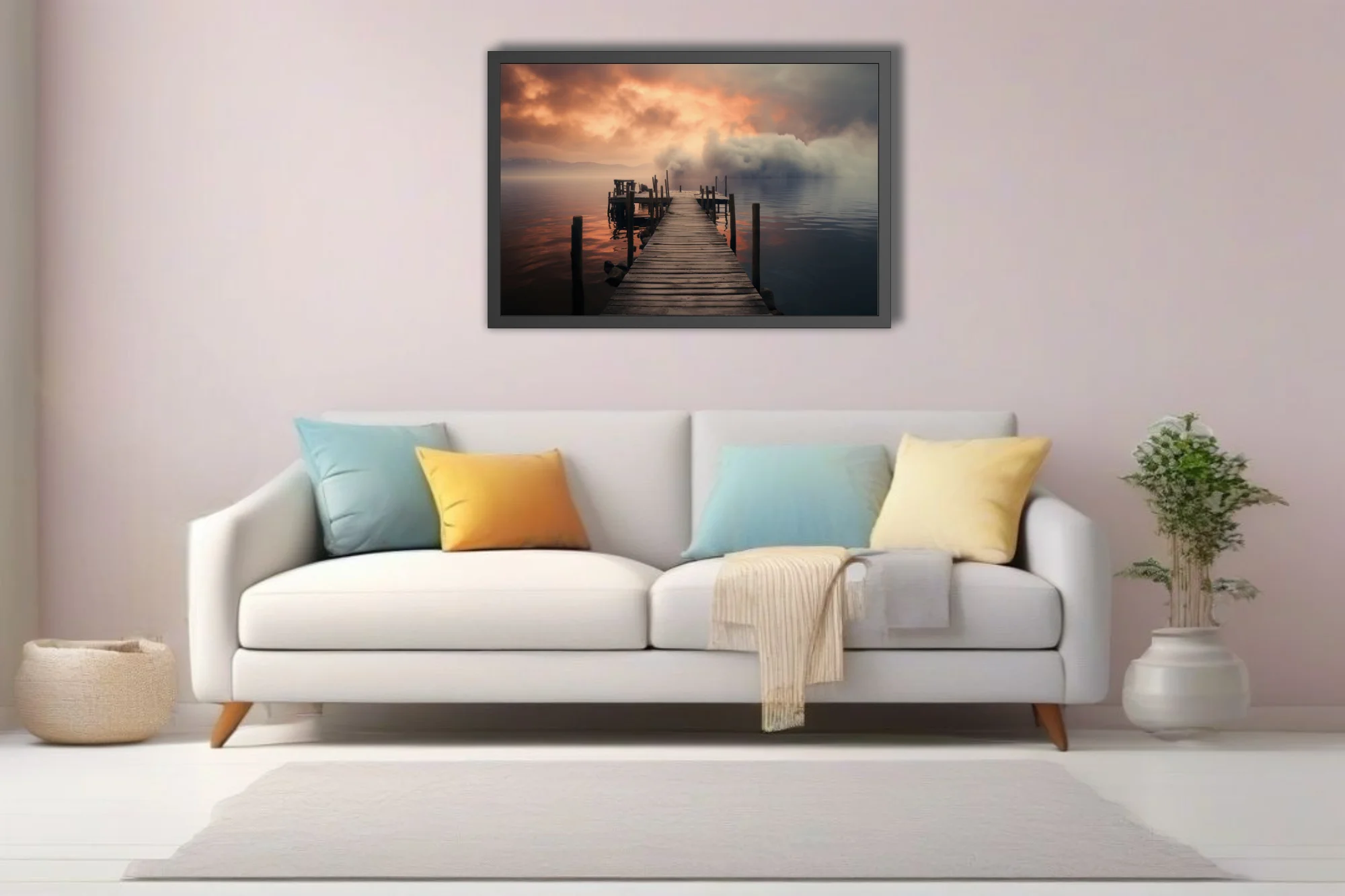 Misty lake pier at dramatic amber and grey sunset