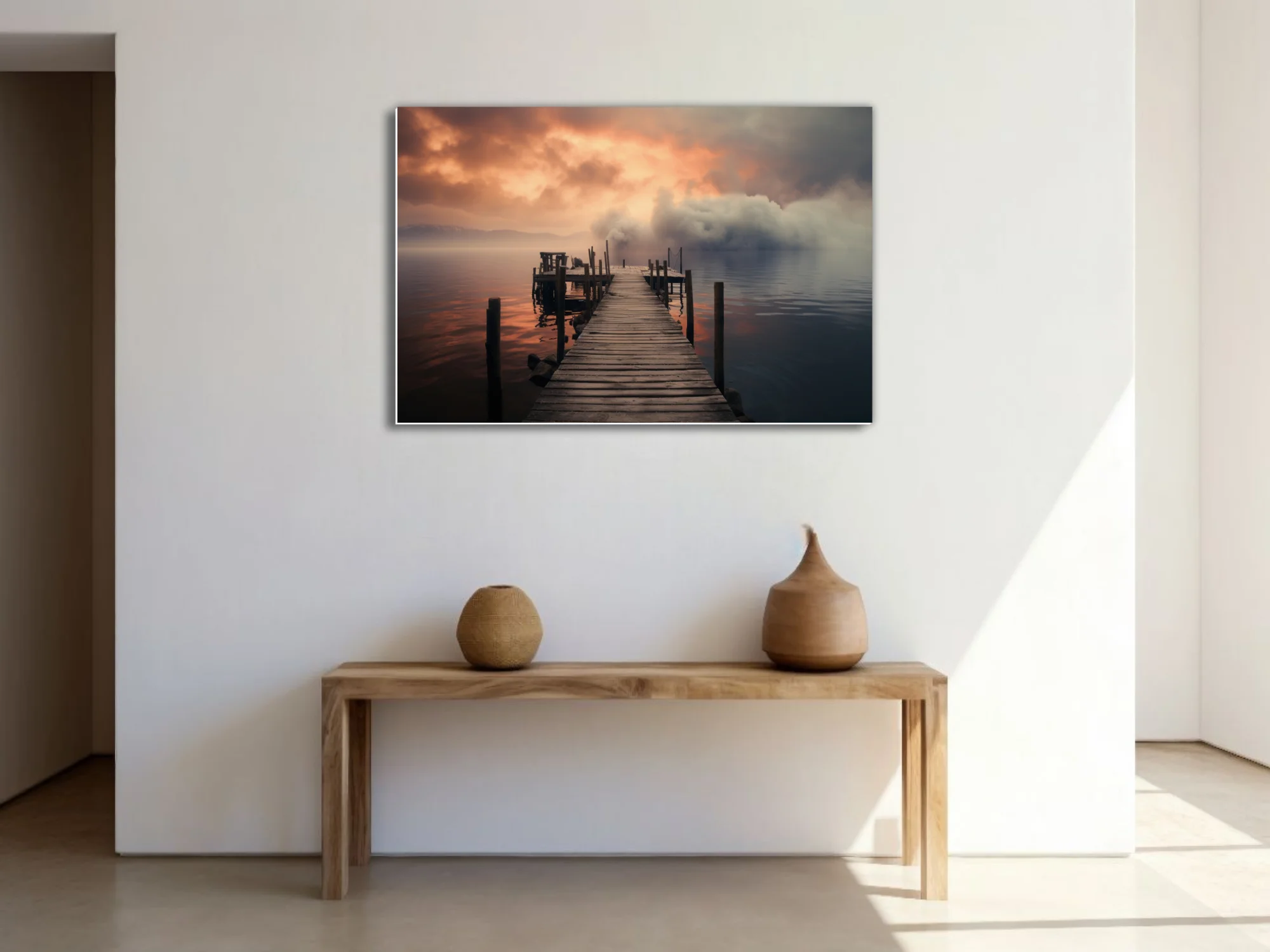 Misty lake pier at dramatic amber and grey sunset