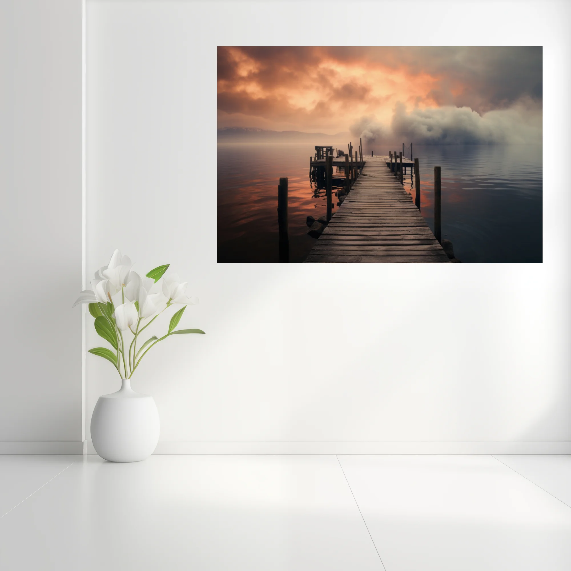 Misty lake pier at dramatic amber and grey sunset