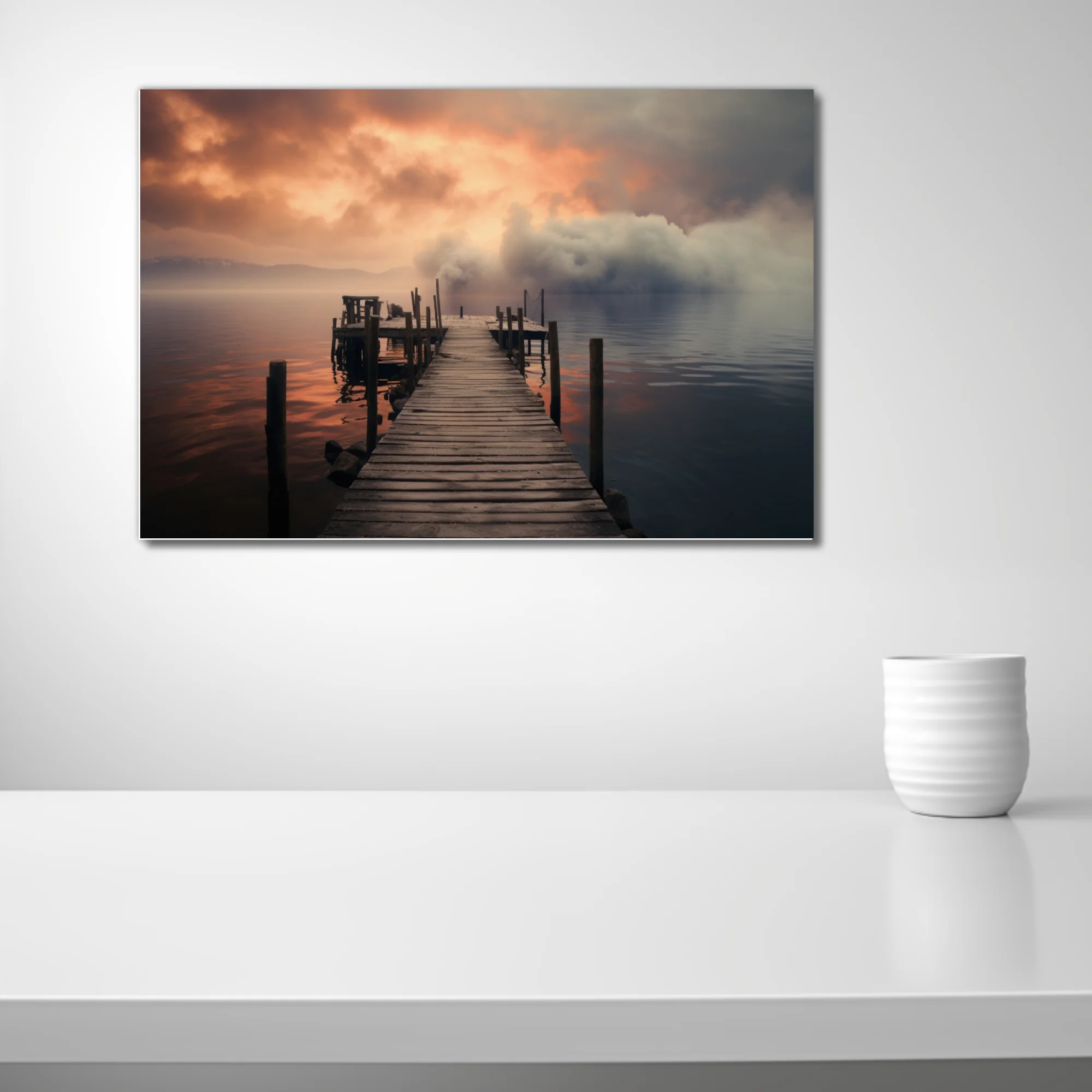 Misty lake pier at dramatic amber and grey sunset