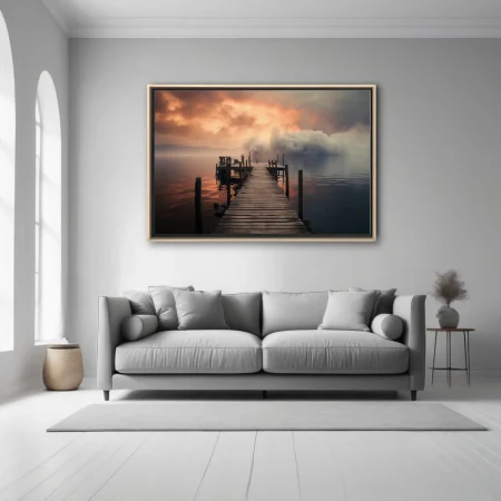 Misty lake pier at dramatic amber and grey sunset