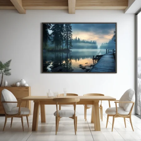 Misty forest lake at dawn, blue-grey fog, reflective water, weathered wooden dock