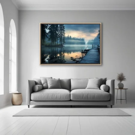 Misty forest lake at dawn, blue-grey fog, reflective water, weathered wooden dock