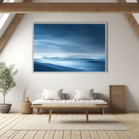 Minimalist misty mountain landscape in deep blue tones with layered silhouettes