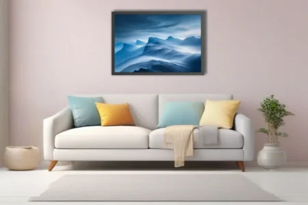 Misty mountain landscape print in deep blue tones with sweeping fog
