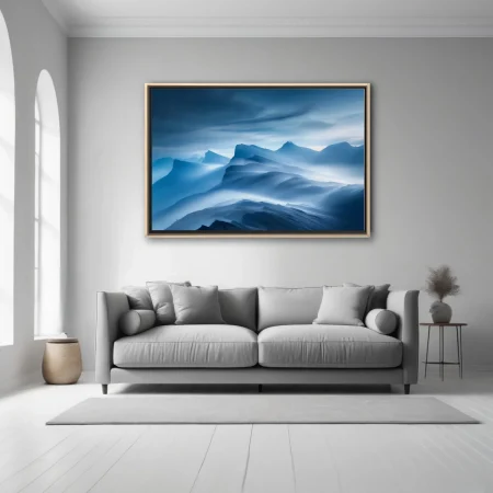 Misty mountain landscape print in deep blue tones with sweeping fog