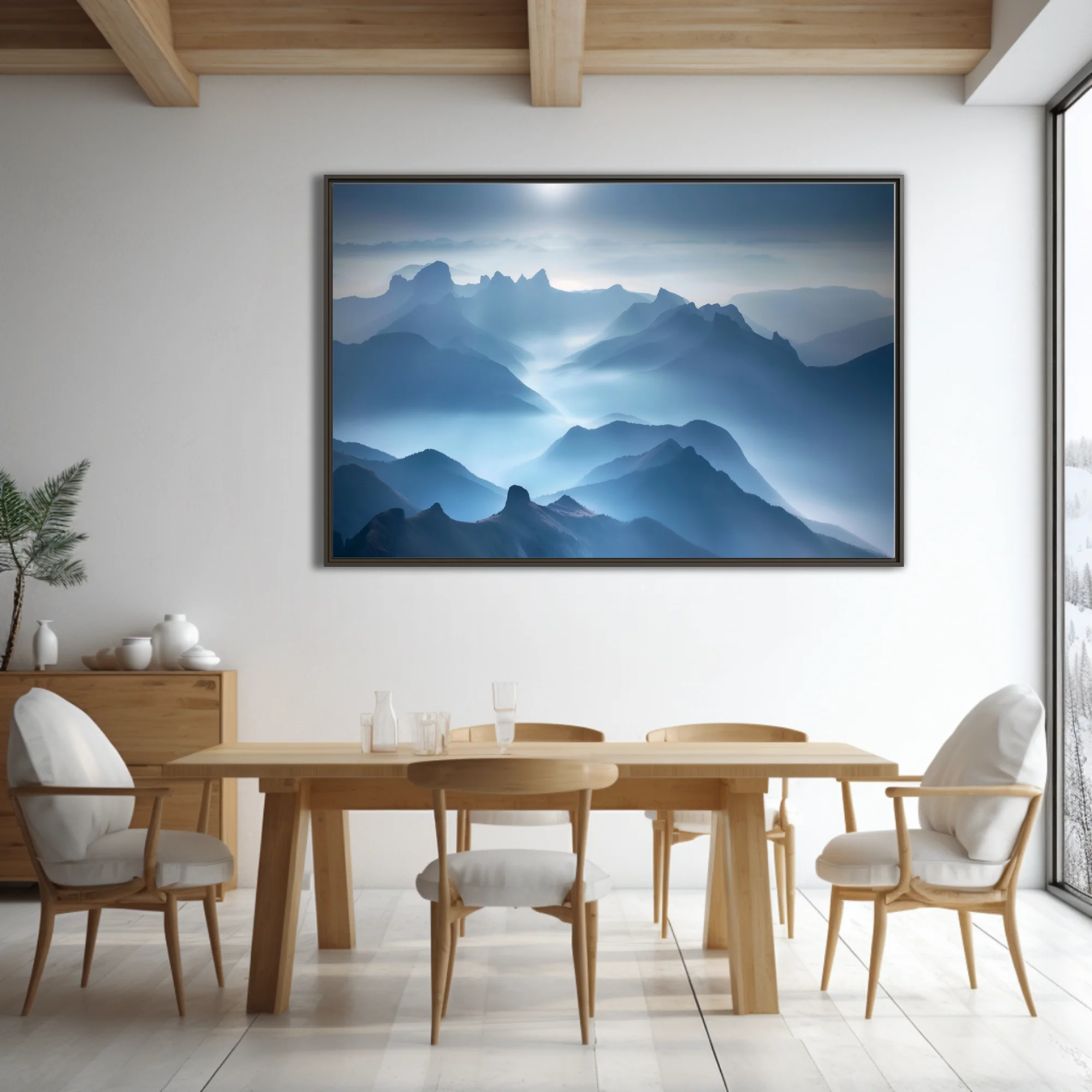 Misty blue mountain landscape with layered peaks and ethereal diffused light