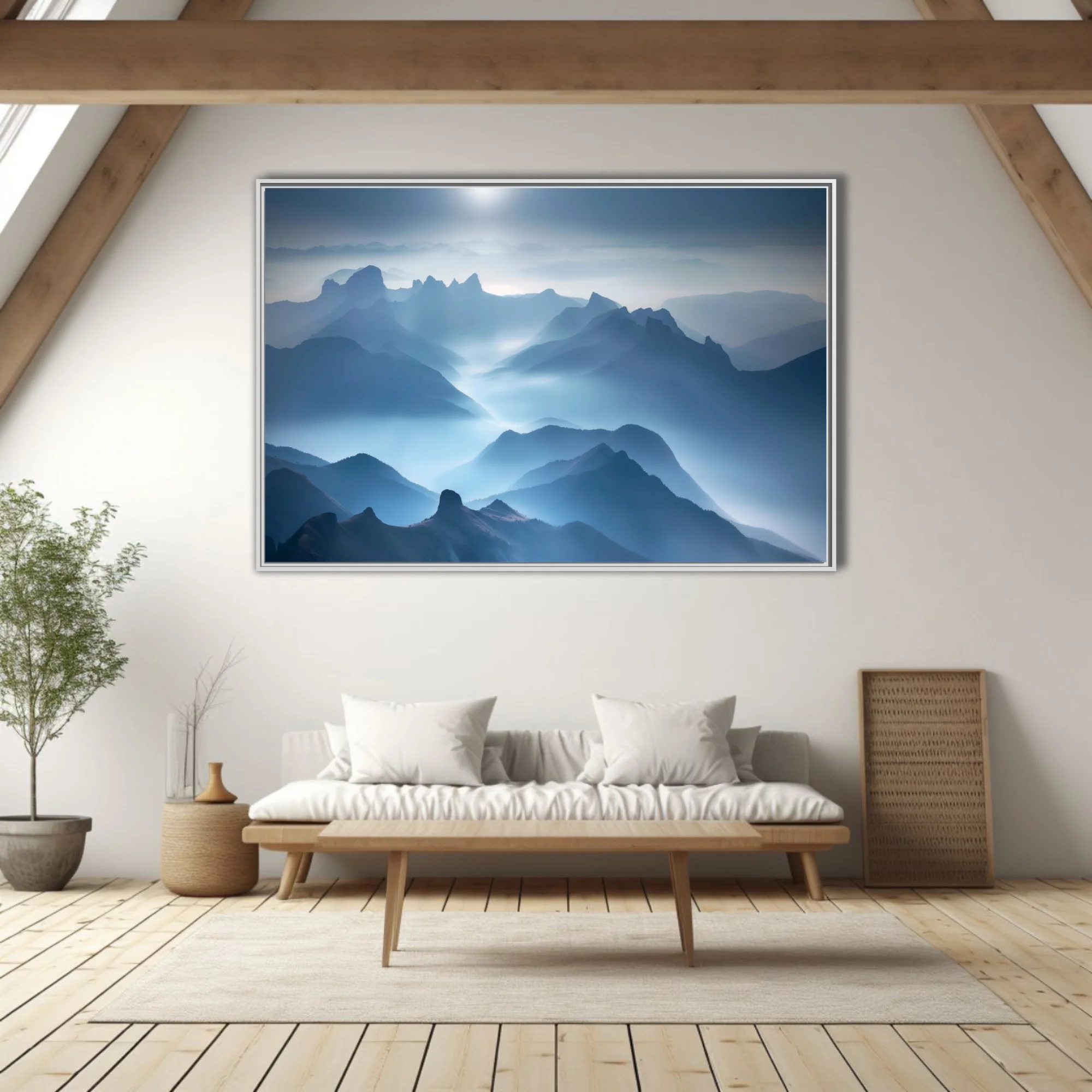 Misty blue mountain landscape with layered peaks and ethereal diffused light