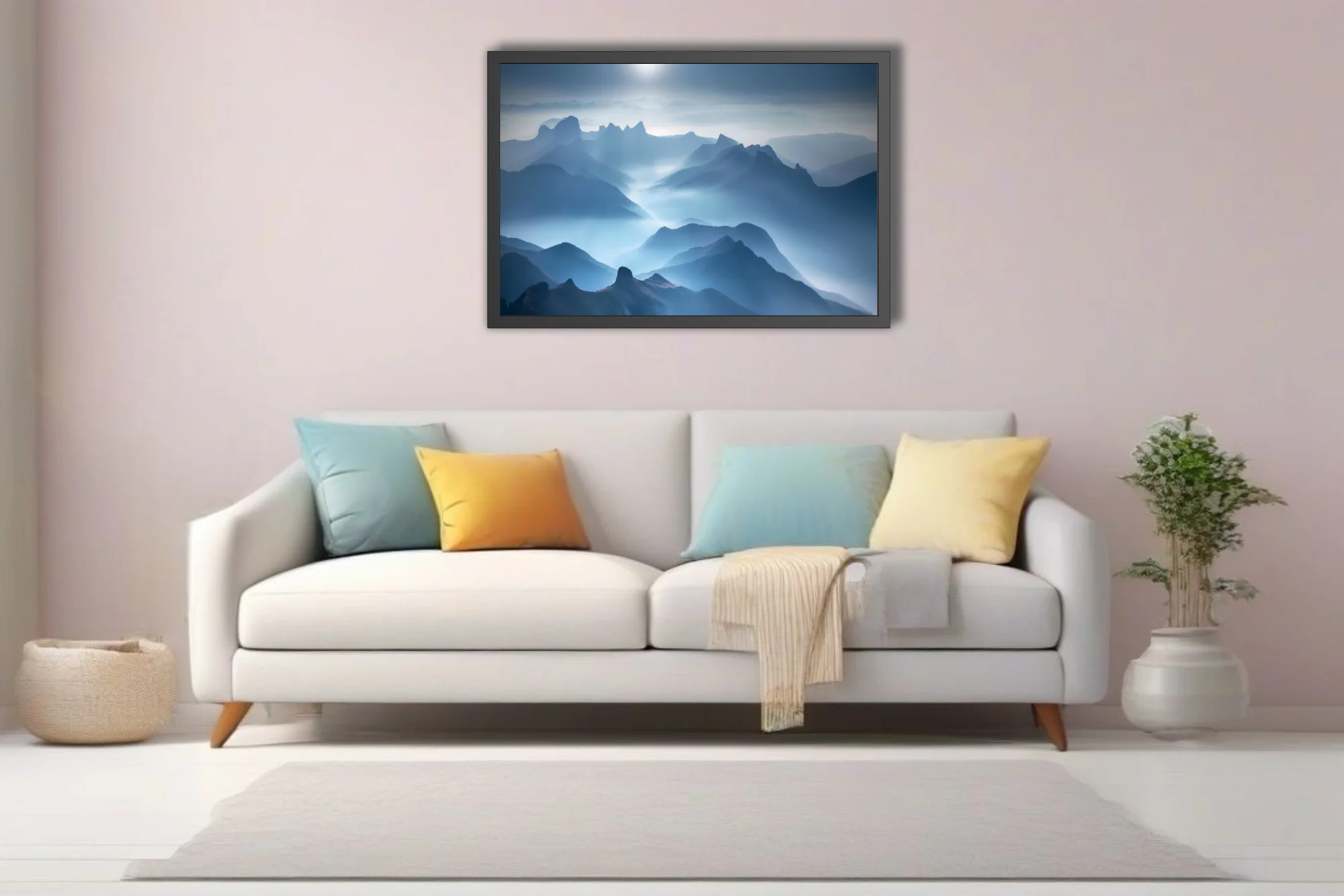 Misty blue mountain landscape with layered peaks and ethereal diffused light