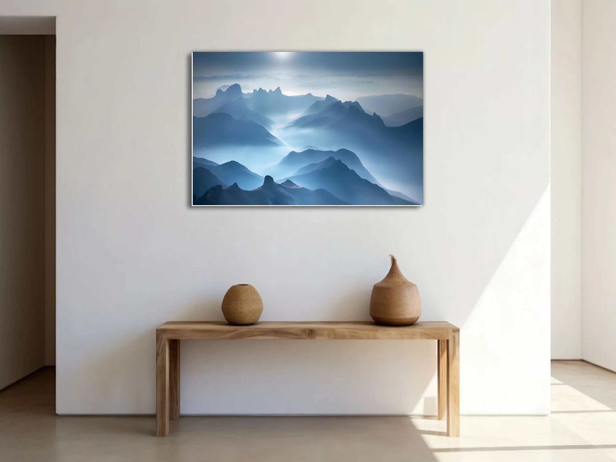 Misty blue mountain landscape with layered peaks and ethereal diffused light