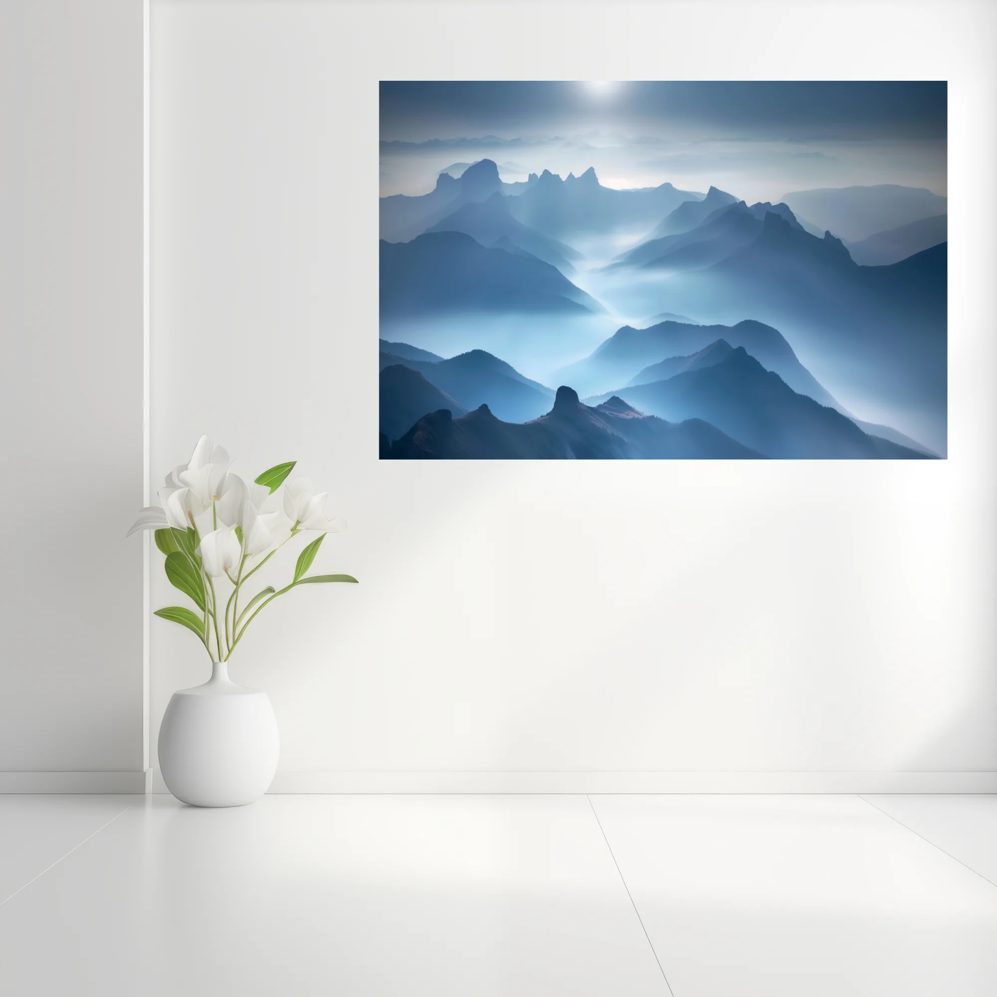 Misty blue mountain landscape with layered peaks and ethereal diffused light