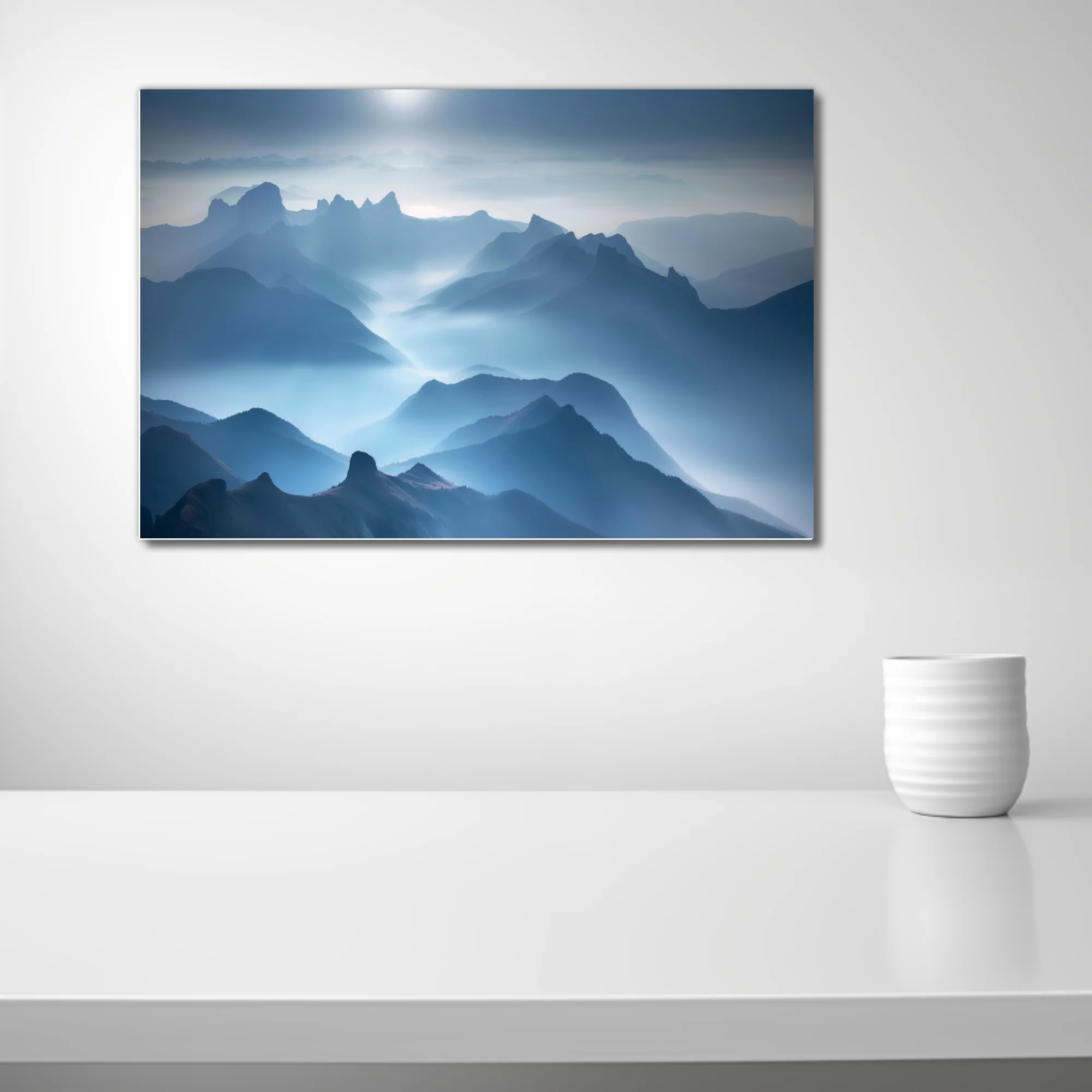 Misty blue mountain landscape with layered peaks and ethereal diffused light