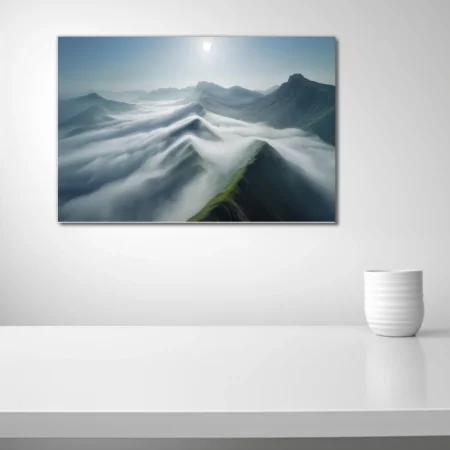 Aerial mountain landscape with flowing cloud sea and misty peaks
