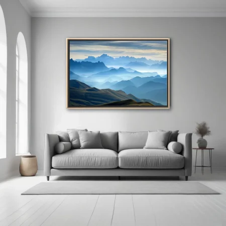 Misty alpine mountain layers in deep blue haze, cinematic landscape