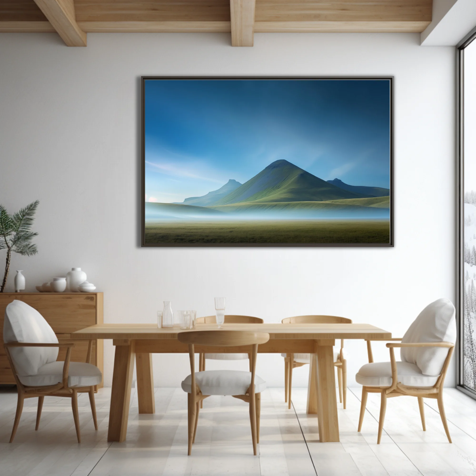 Misty mountain landscape with green peaks and blue sky wall art