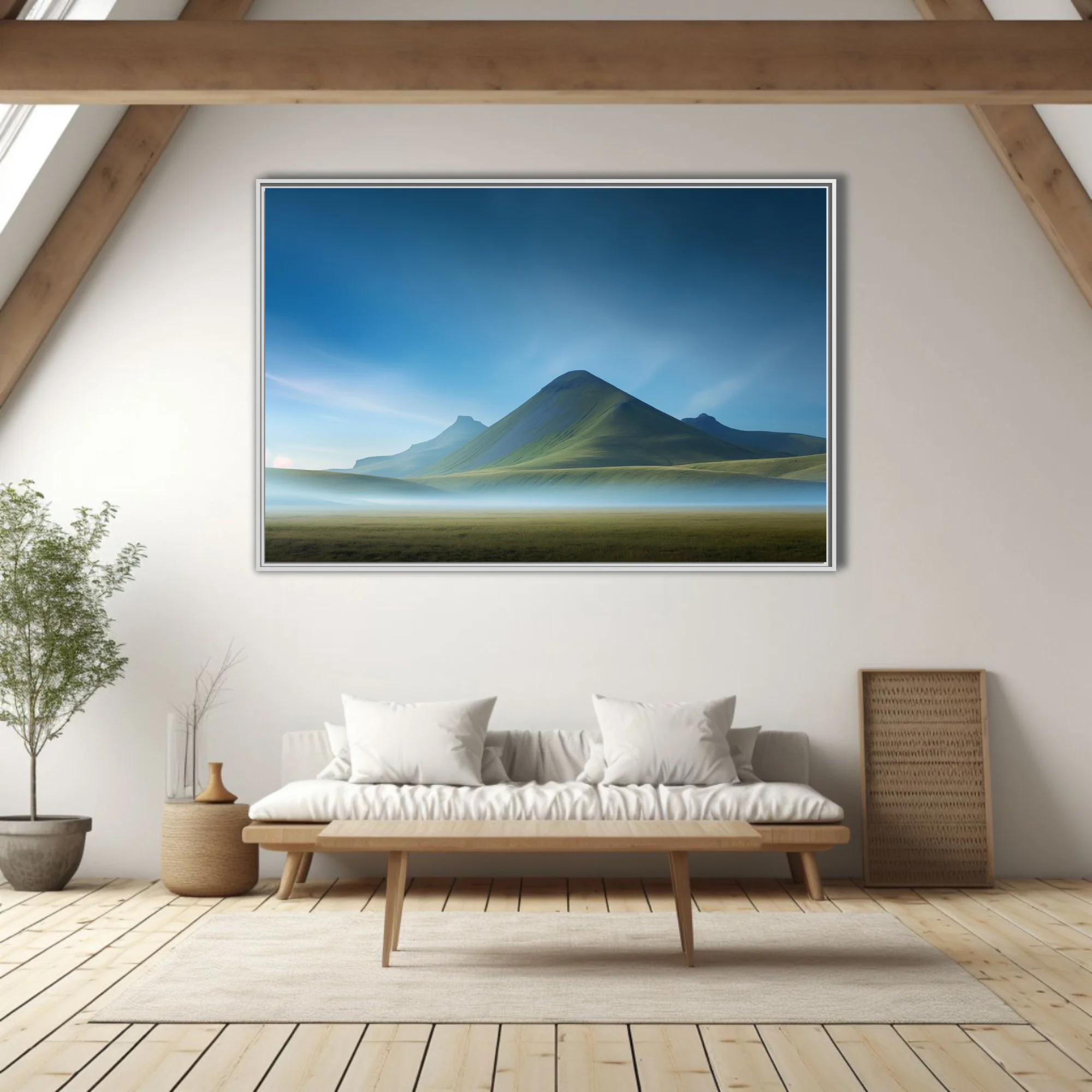 Misty mountain landscape with green peaks and blue sky wall art