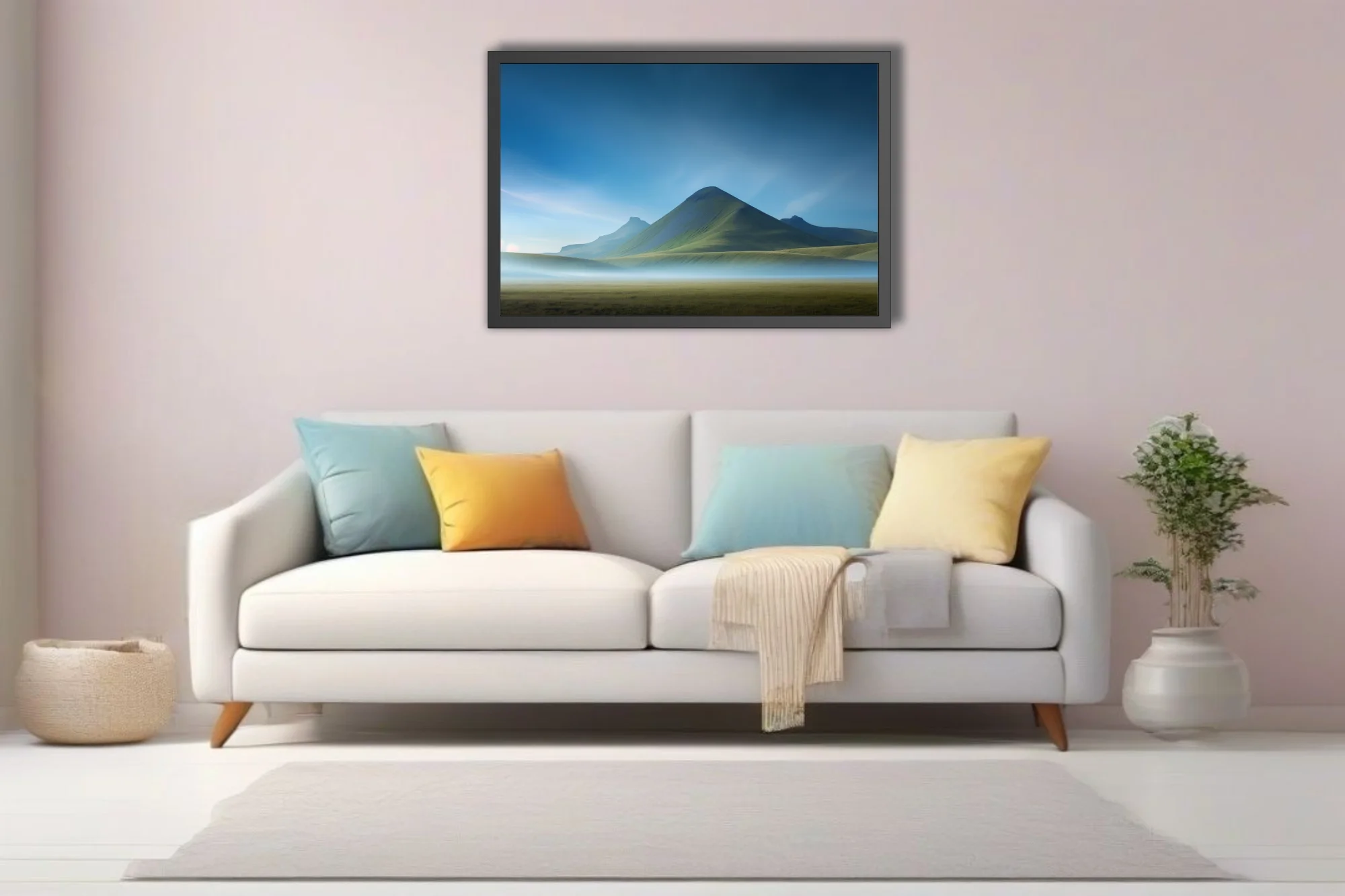 Misty mountain landscape with green peaks and blue sky wall art