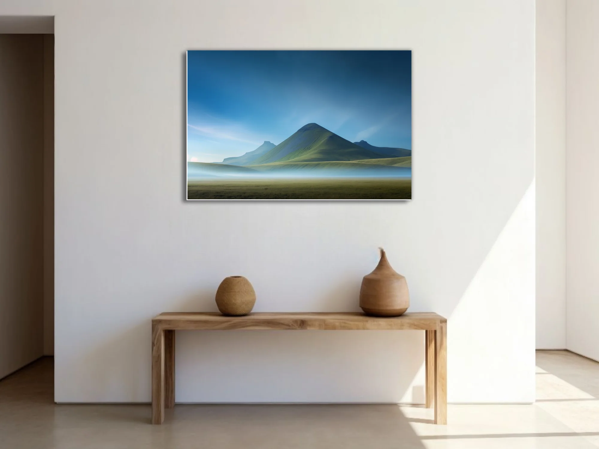 Misty mountain landscape with green peaks and blue sky wall art