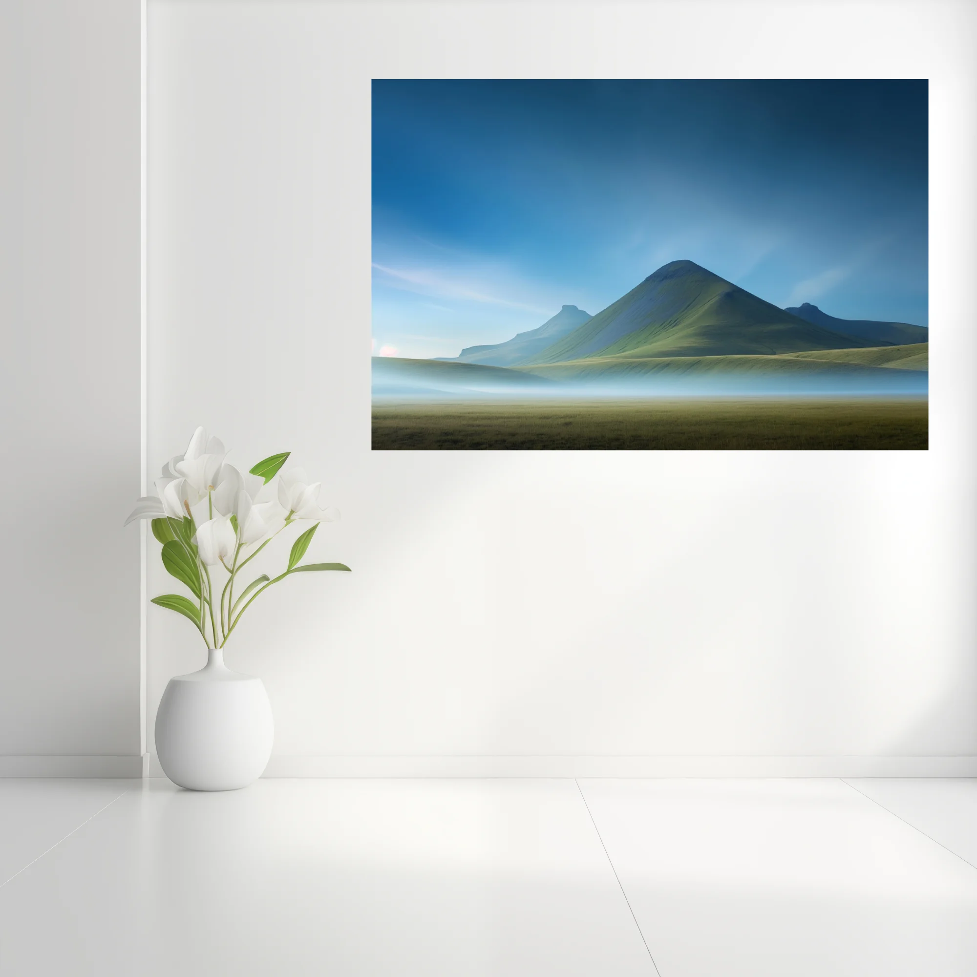 Misty mountain landscape with green peaks and blue sky wall art