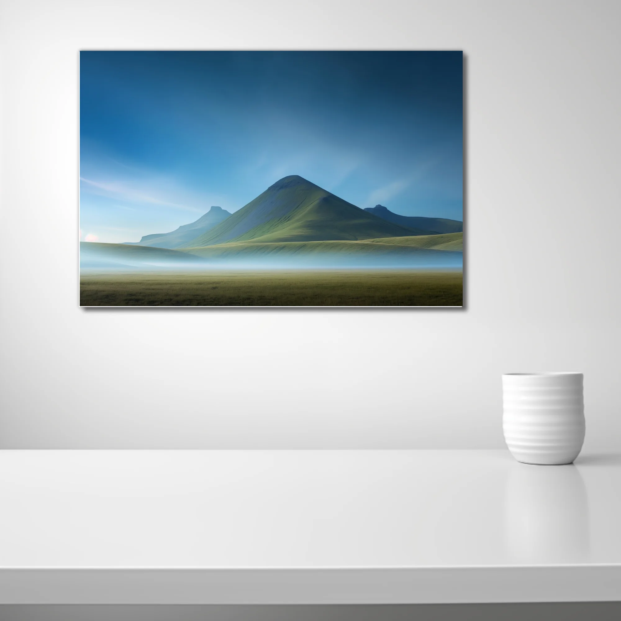 Misty mountain landscape with green peaks and blue sky wall art