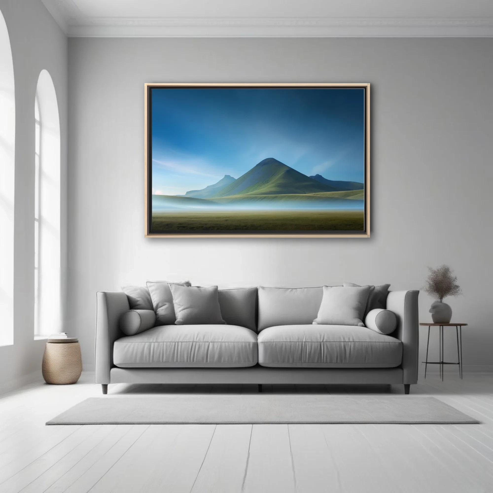 Misty mountain landscape with green peaks and blue sky wall art