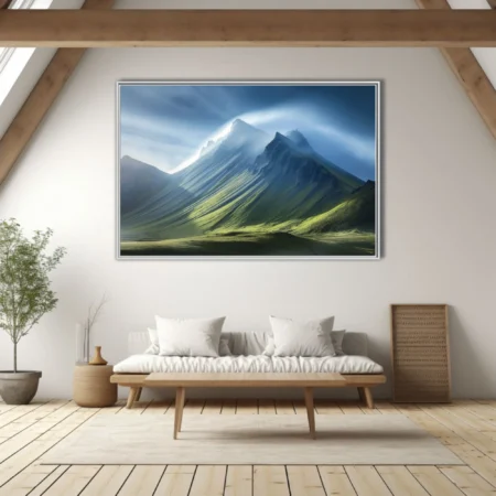 Green mountain landscape with dramatic mist and light — alpine wall art